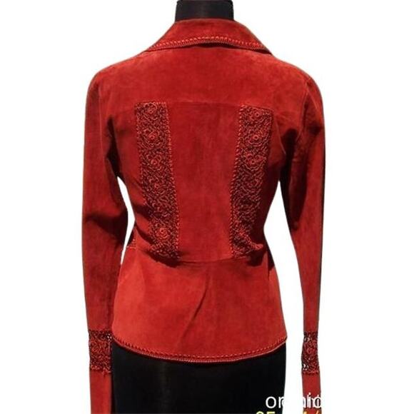 Cache Rust Suede Leather Peek-A-Boo Crochet Insert Jacket Top New $248 NWT - Picture 3 of 9